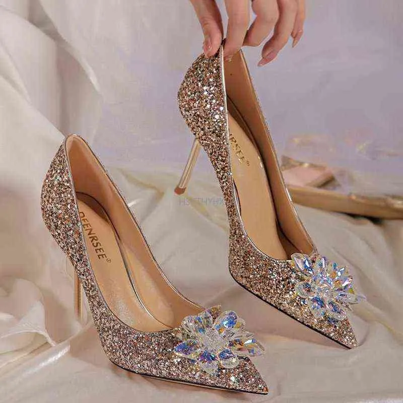 2021 Newest Cinderella Shoes Rhinestone High Heels Women Pumps Pointed Toe Woman Crystal Party Wedding Shoes for Women W220307