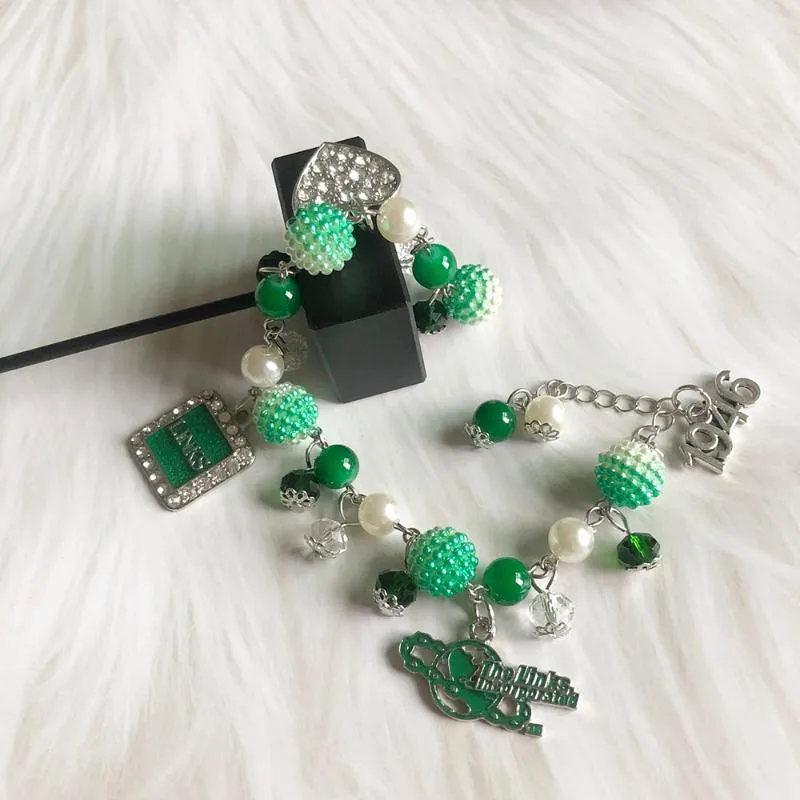 Lien chaîne fait à la main grec sororité vert blanc perle bricolage liens Inc Roes coeur 1946 bracelet à breloques dame mode bijoux270h