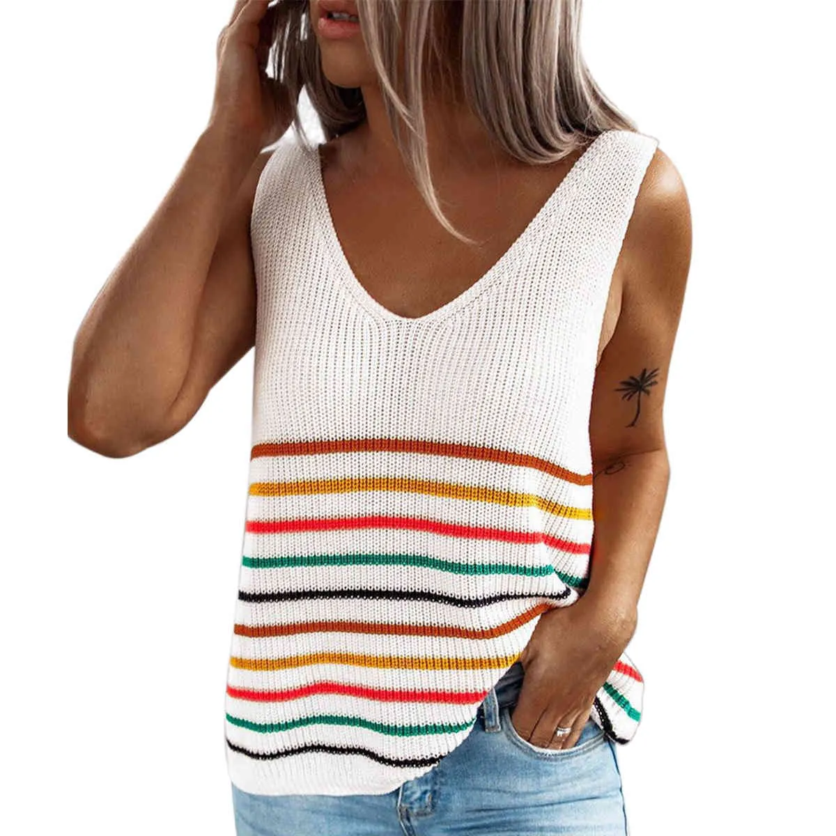 Kamizelka z dzianiny Damskie paski Tank Tops Swetover Daily V-Neck Sleedelt Koszula Wiosna Letnie Ladies Tank Top Tee X0507