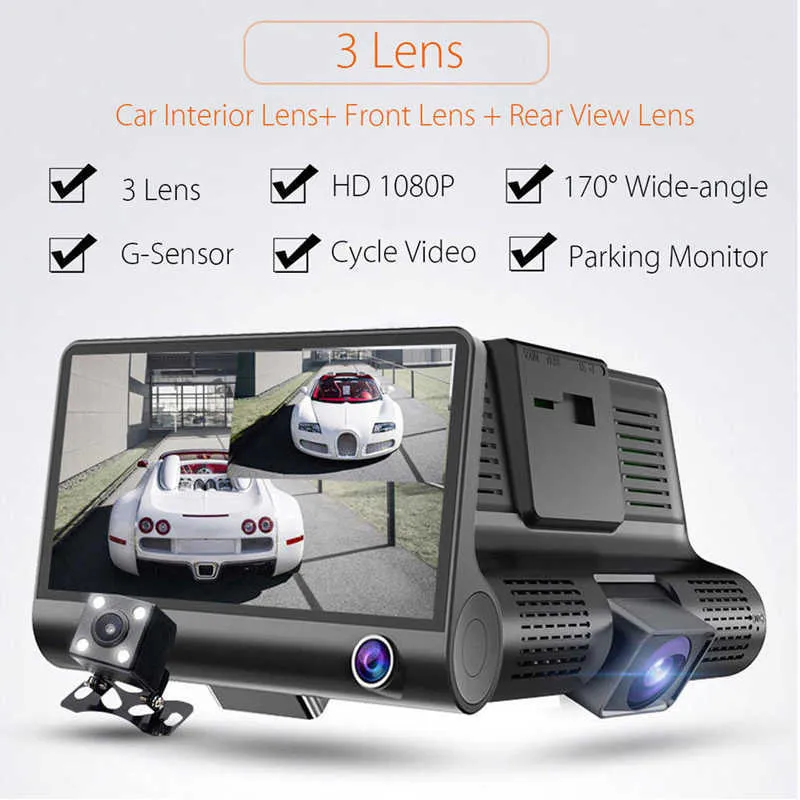  - Grabadora de conducción de automóvil de 4 pulgadas con cámara  de visión trasera 3 en 1 1080P Cámara de tablero de coche DVR Grabación en  bucle G Sensor G Cámara