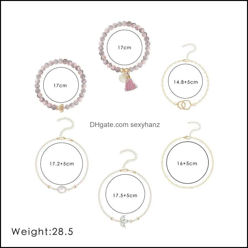 S1499 Hot Fashion Jewelry 6pcs/set Bracelet Set PInk Beads Beads Turtle Geometric Hollowed Chain Bracelet