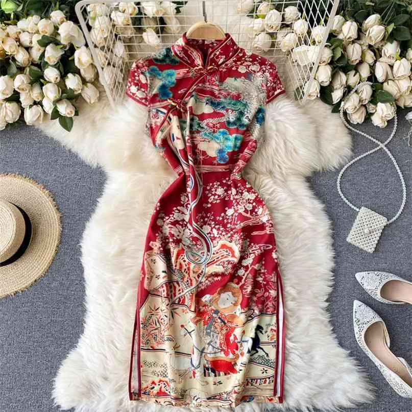 Dame mode Cheongsam robe modifiée femmes printemps été col montant à manches courtes imprimé Slim Fit Vestidos Q971 210527