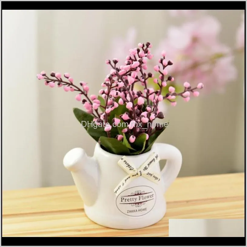 fake flowers lily of the valley +ceramic small pot vase mini desktop bonsai for living room garden decoration artificial decorative &
