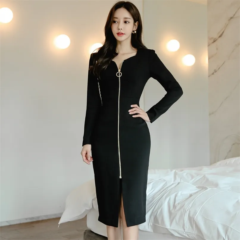 Women's Black Slim Fit Bodycon Midi Dress with Front Zipper