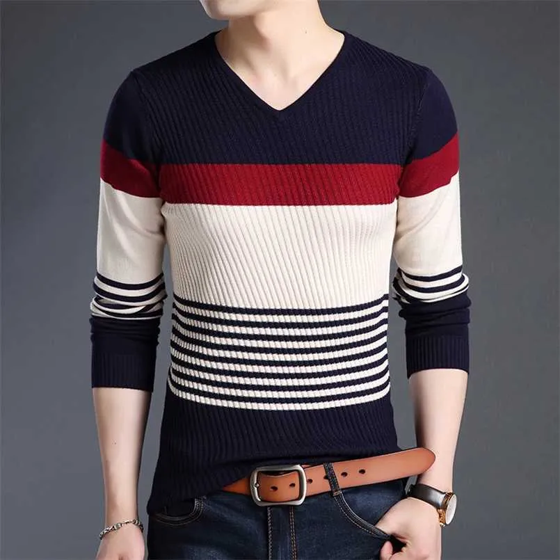 Mode Merk Truien Heren Pullovers Gestreepte Slanke Fit Jumpers Knitwear Warm Herfst Koreaanse stijl Casual Mannen Kleding 211018