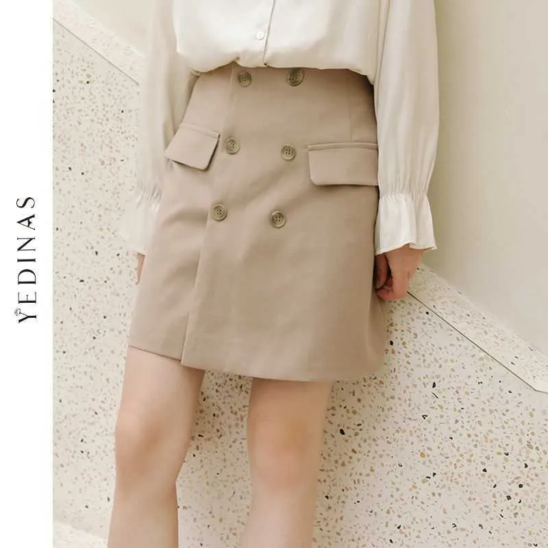 Yedinas Designerキャリアスカート女性ボタンミニハイウエストAラインボディコンS女性韓国風オフィス夏210527