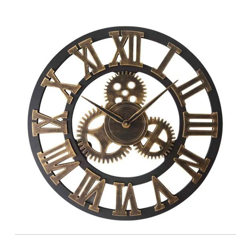 Wall Clocks Large Vintage Wooden Clock Retro Gear Hanging Roman Numeral Horologe Living Room Cafe European Style