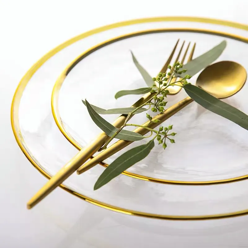 透明ガラスディナープレートディッシュサラダフルーツボウル豪華ゴールドインレイガラスケーキフードプレート食器セット用レストラン