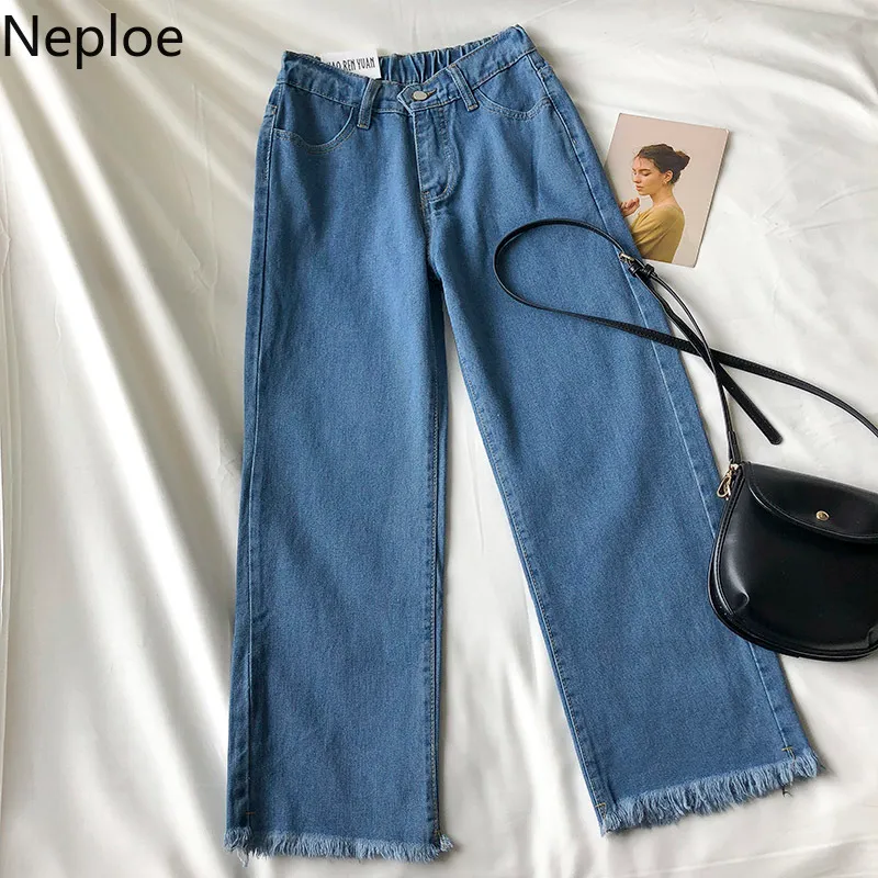 Neploe Kot Kadın Vintage Denim Ham-Kenar Düz Geniş Bacak Pantolon Bahar Kore Pantalon Yüksek Bel Ince Gevşek Katı Pantolon 210422