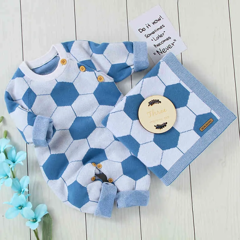 Baby boys fotboll jacquard rompers kläder + barn filt spädbarn pojke bomull barn sticka långärmad 210429