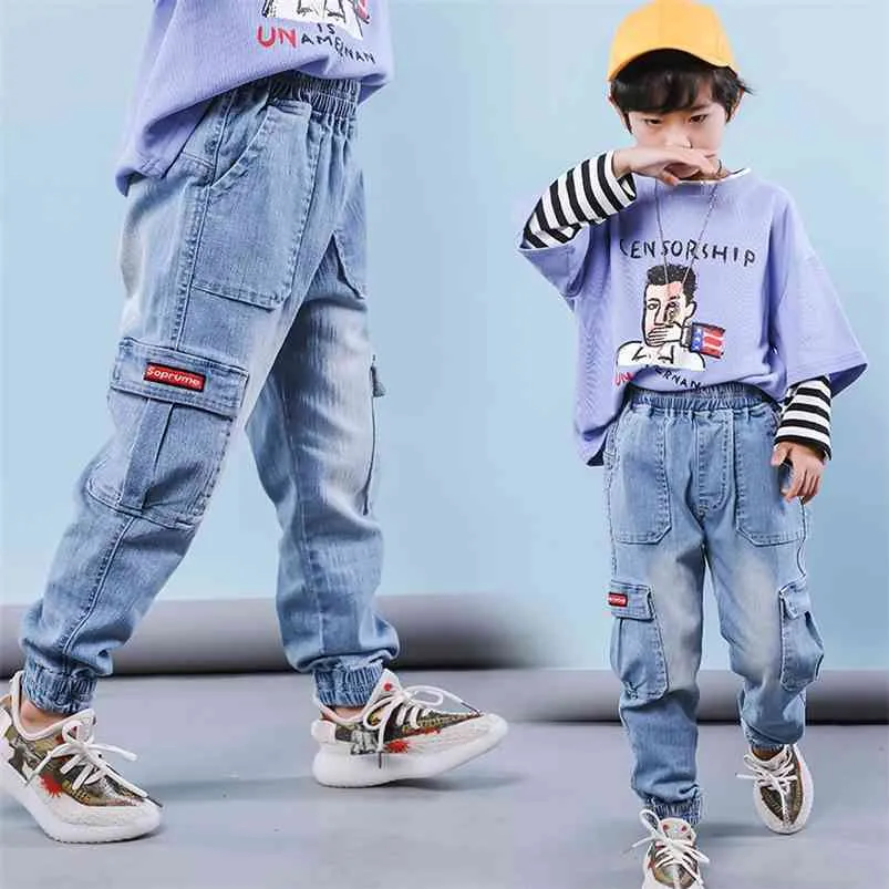 Boys Denim Blue Cargo Pants For Spring And Autumn Casual And