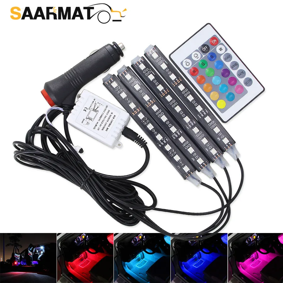 4pcs RGB LED Strip s Colors Styling Decorative Atmosphere Lamps Car Interior Light With Remote 12V