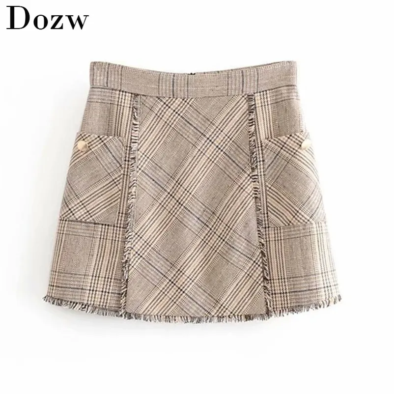 Womens Mini Skirts Elegant Plaid Pockets Tweed Woolen Sexy Ladies Bodycon Short Zipper Bottom Saia Mujer 210515