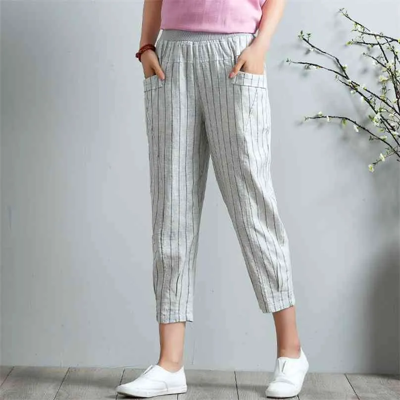 Katoen linnen harembroek vrouwen lente zomer hoge taille gestreepte zakken casual elastische joggingbroek broek 210925