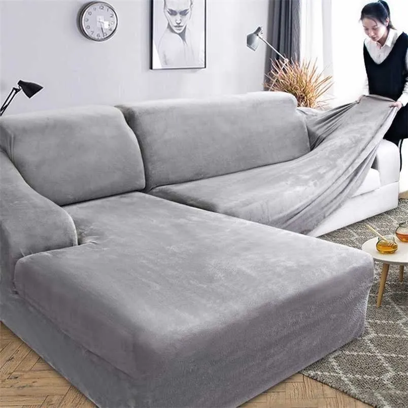 3 Typer Plush L Formad Sofa Skal för vardagsrum Elastisk möbel Soffa Slipcover Chaise Longue Corner Stretch 211207