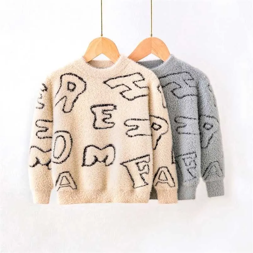 Autumn Winter Boys Girls Knitted Sweater Baby Kids Mink Velvet Warm Long Sleeve Tops Toddler Children's Pullover Knitwear 211201