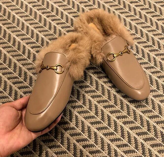 Luxe paardenbit slippers voor dames echte bont luie schoenen in echt lederen fluweel