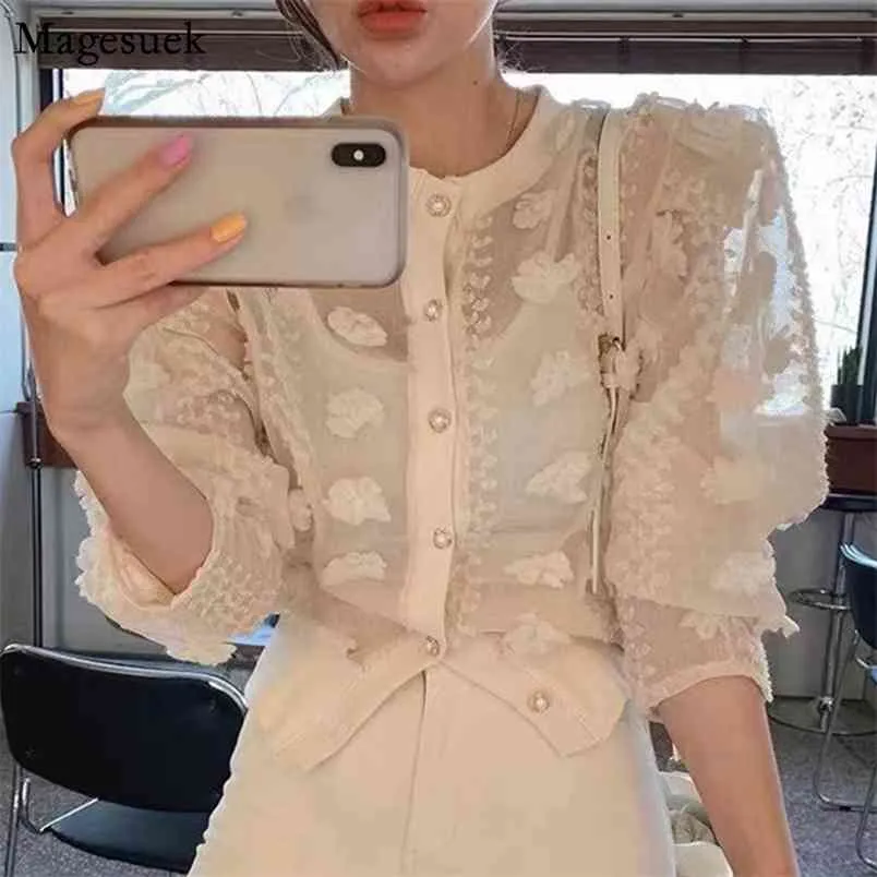 Koreański Kwiat Mesh Elegancka Bluzka Kobiety Słodki Z Długim Rękawem Zobacz przez Button Shirt Kobieta Moda Chic Top 14320 210512
