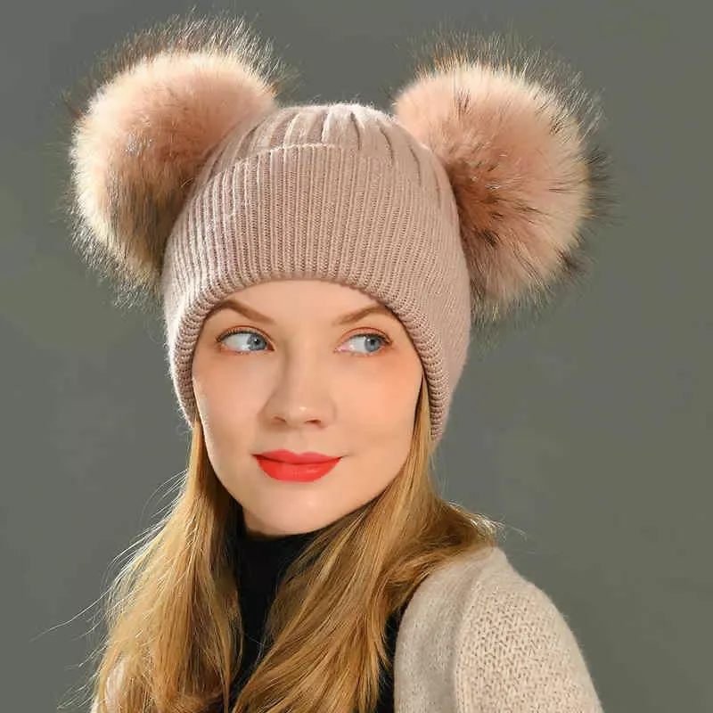 Vrouwen Winter Mode Meisjes Gehaakte Beanie en Voor Volwassenen Gebreide Wol Dubbele Twee Pompon Bont Hoed