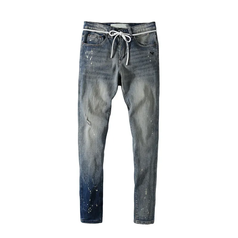 Mens Jeans Dark Blue washed Vintage pants European and American high street fashion