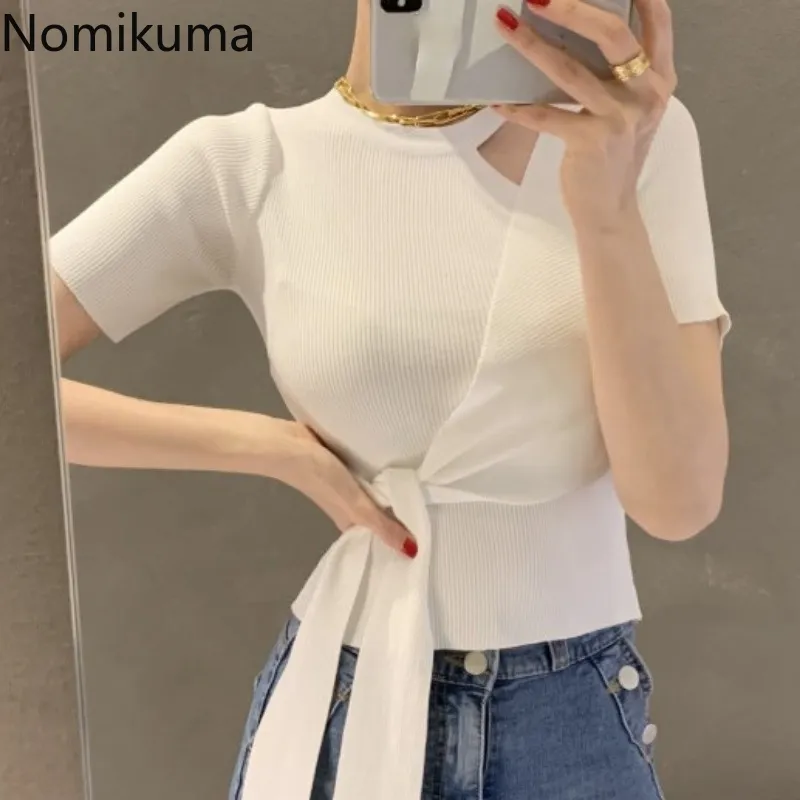 ノミクマカットアウトスリムフィットTシャツの女性包帯レースアップOネック半袖Tシャツ女性韓国風シックなトップスCamisetas 210514