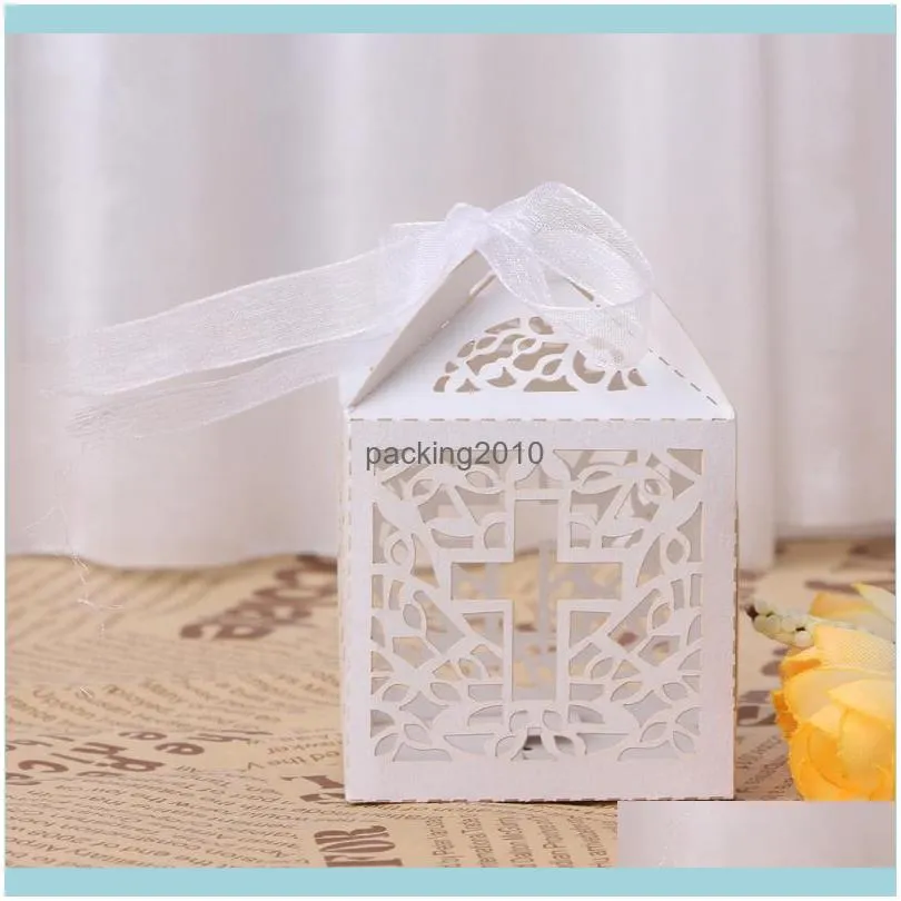 Gift Wrap 50Pcs Cross Laser Cut Candy Boxes W/Ribbon Wedding Party Baby Shower Favor 72XF1