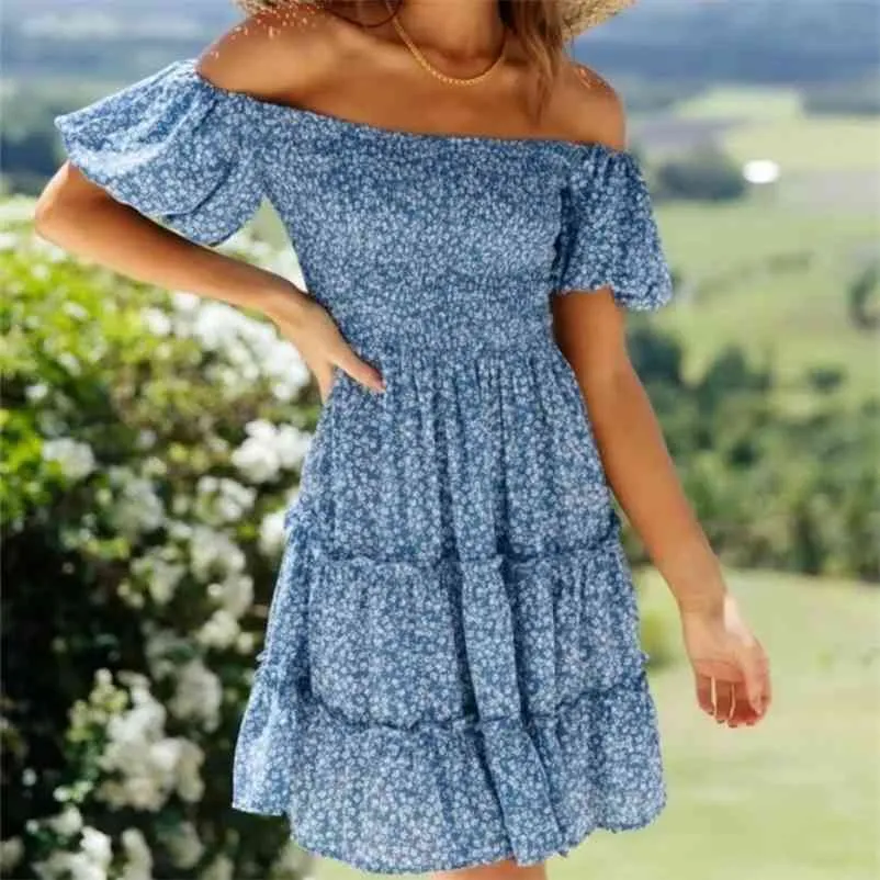 Casual Blue Stretchy Print Off the Shoulder Kleid Sommermode Damen Puffärmel es Female Sweet Holiday 210515