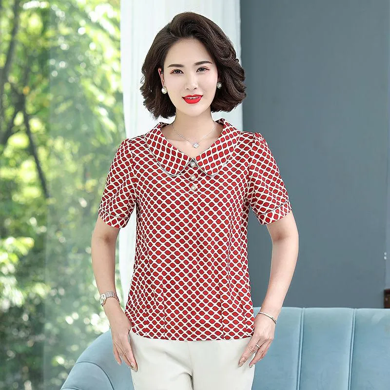 Women's Blouses & Shirts Lattice Print Short Sleeve Shirt Temperament All-Match Doll Collar Causal Women Fashion Summer Elegant Top Blusas M