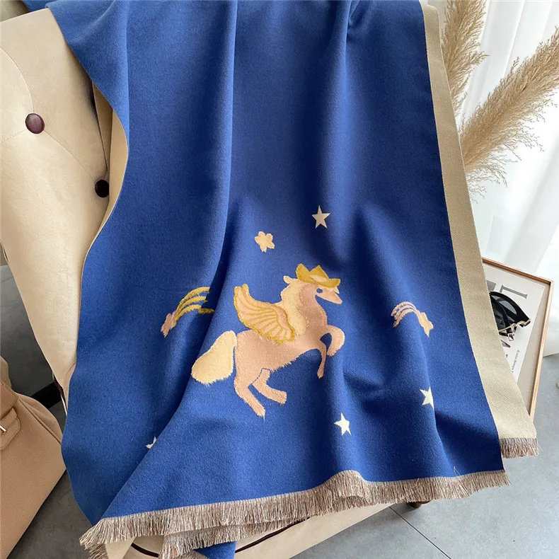 Зимний кашемировый шарф женский лошадь при печати пашмины платки и обертывания густые теплые женские буфанды Стол Хиджаб одеяло 180 65cm286b