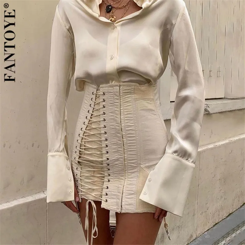 FANTOYE New Summer Bandage Skirts Women High Waist Cross Lace up Mini Skirts Bodycon Casual Street Pencil Skirts Ladies Party X0428