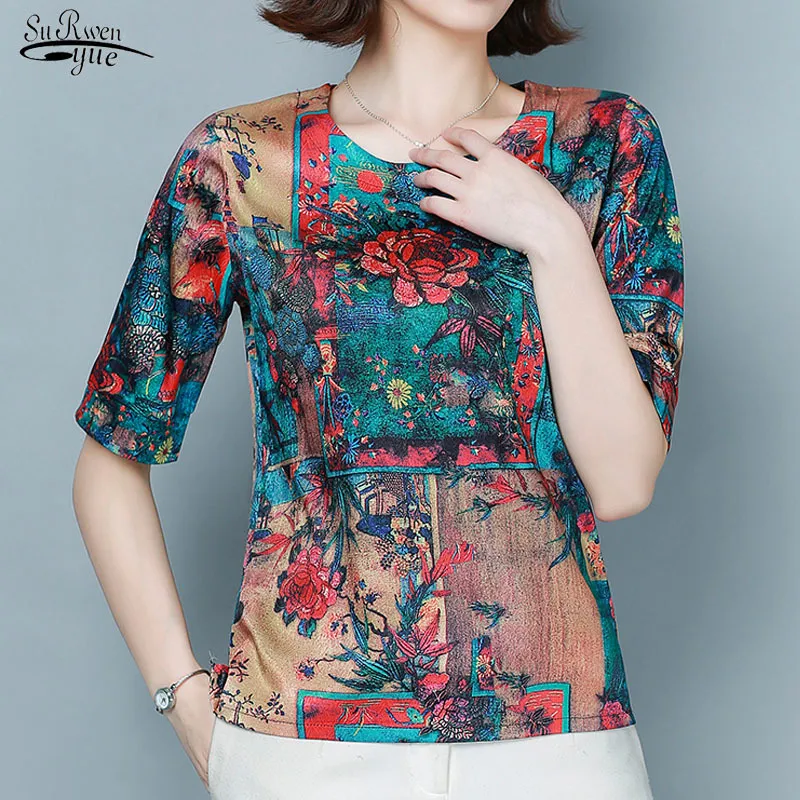 Chemisier Femme лето с коротким рукавом круглые шеи печать сатин блузка женщины корейские свободные простые тонкие вершины женские 9223 50 210427
