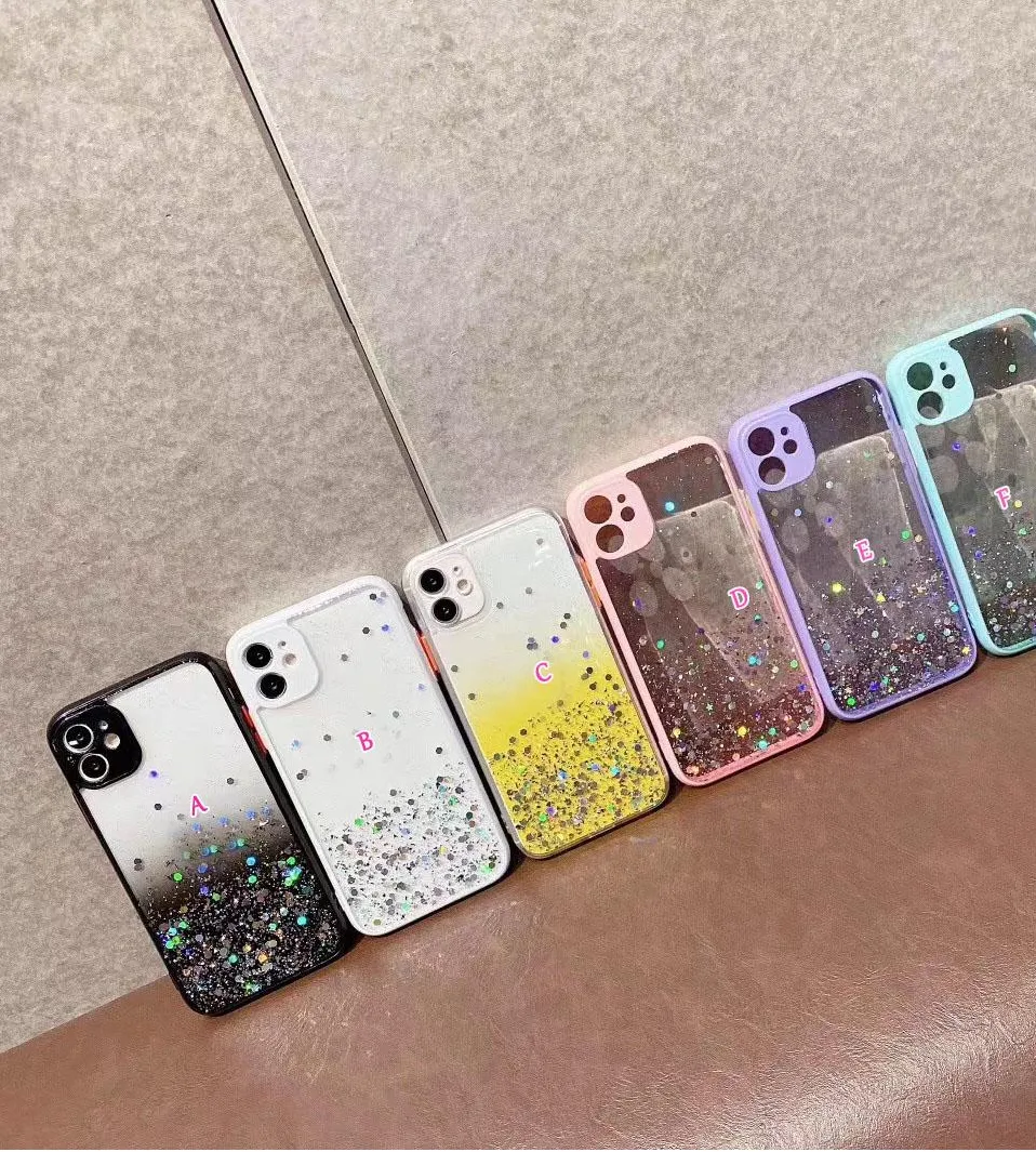 LUXURY BLING FOIL GLITTER HARD PC TPU Fodral för iPhone 13 12 Mini 11 Pro Max XR XS X 8 7 6 iPhone13 Star Gradient Transparent Confetti Sequin Flake Clear Telefon Back Cover