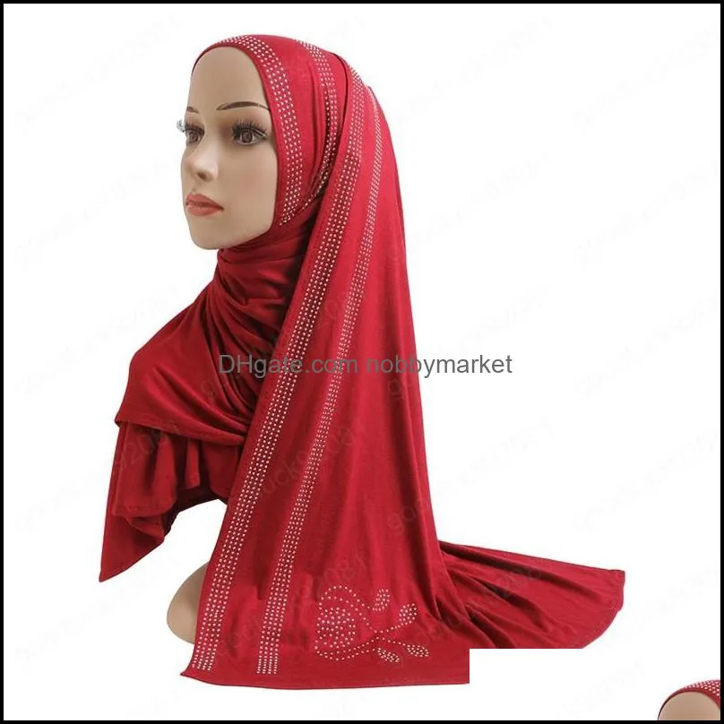 Women Pull On Hijab Shawl Wrap Pray Hijabs with Rhinestone Muslim Scarf Islamic Headscarf Hat Cotton Headwear