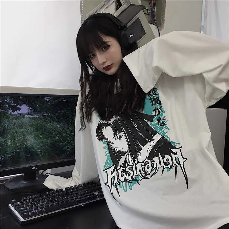 Japanese Autumn female Vintage ins Harajuku cartoon gothic casual large size long-sleeved funny letter cotton loose chic T-shirt 210608