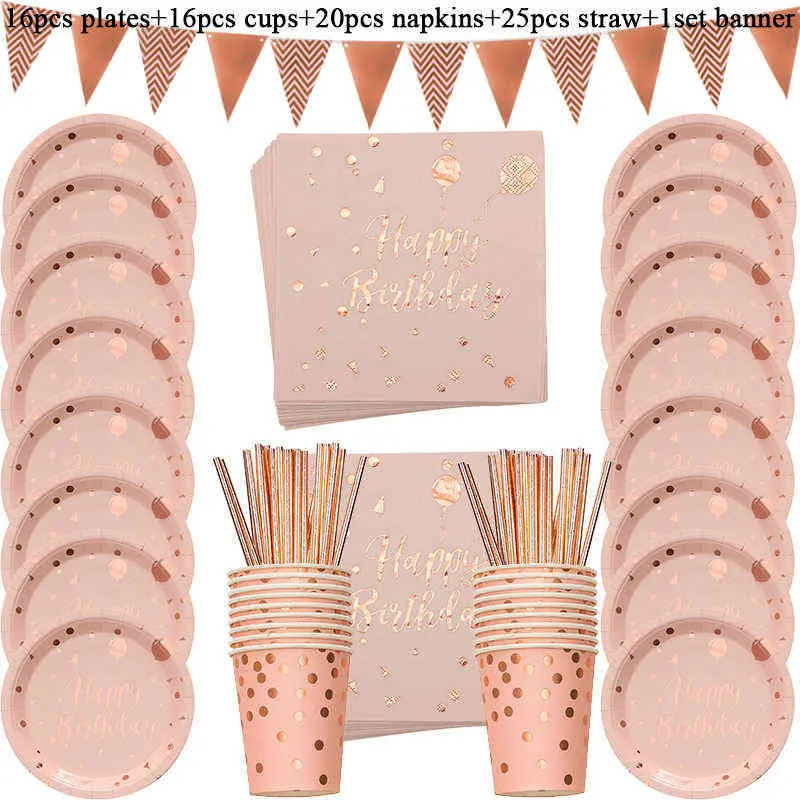 50 stks / set Rose Gold Party Verjaardag Disposable Set Set Papier Stro Platen Cups Servetten Volwassen Verjaardag Party Decoration Kids Y1104