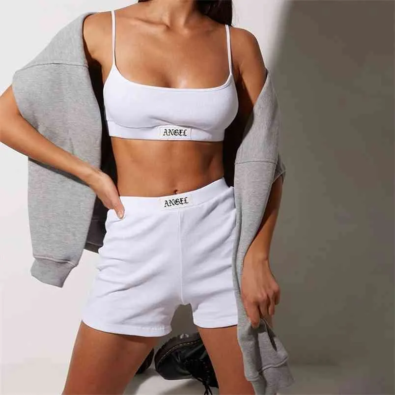Bomull Hemdräkt Gotisk Angel Brev Broderi Kvinnor Pyjamas Streetwear Gym Tvåbitar Set Mini Crop Top Camisole Sporty Shorts 210901
