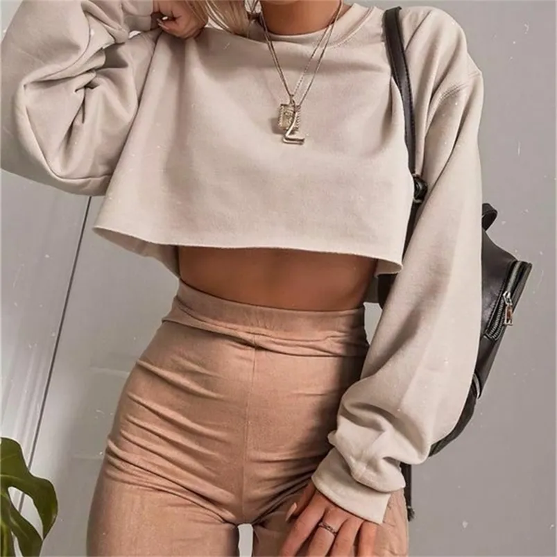 Jesień damska z długim rękawem Top Round Neck Bawełna Solid Color Pullover Panie Crop Bluza Tee S Odkryty Krótka Koszulka 210623