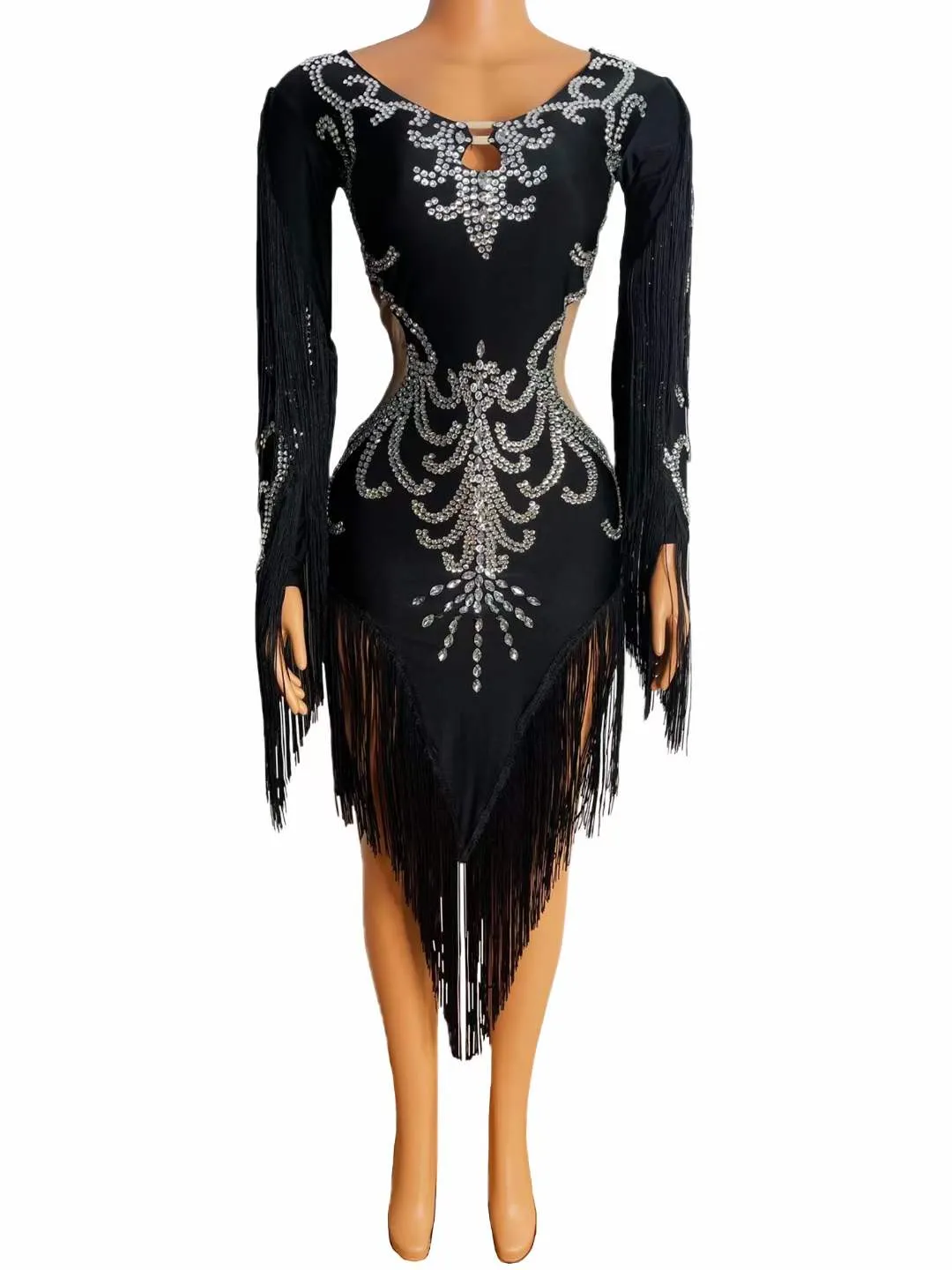 Womens Latin Dance Costume Black Spandex Dress with Silver Rhinestones and  Fringe Long Sleeve for Stage Performance from Dhgate Stage Wear - price  145.73