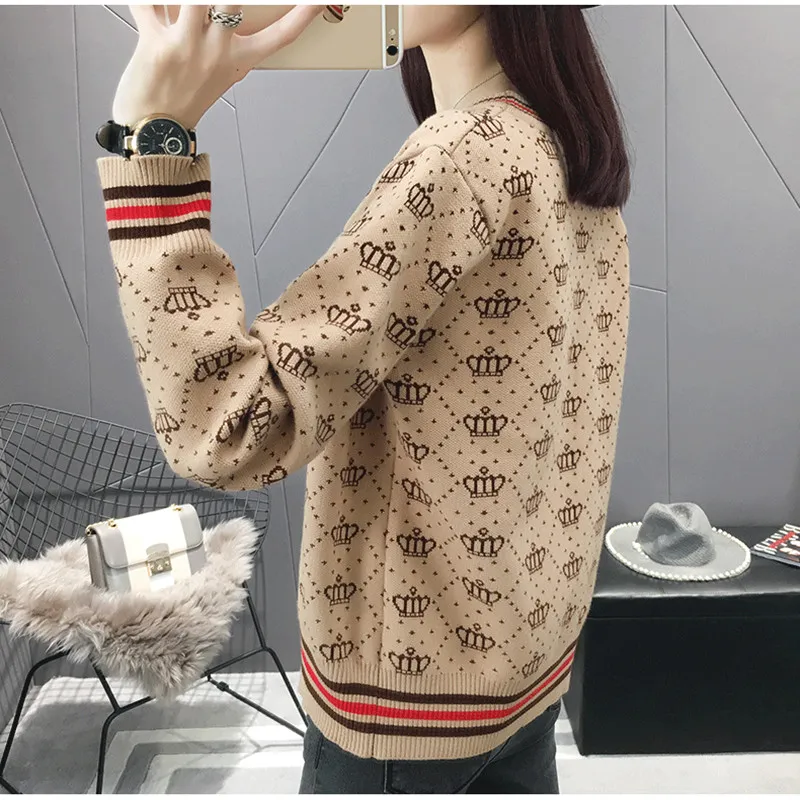 On Sale Autumn Winter Women V Neck Crown Printed Knit Cardigan Clothes Female Casual Long Sleeve Korean Warm Sweater Tops