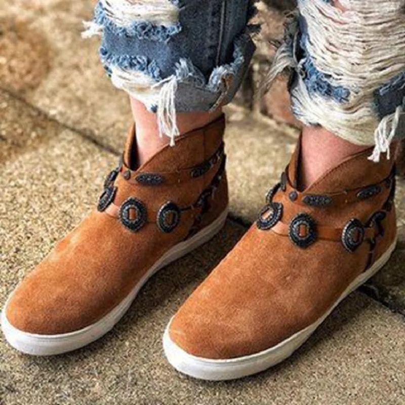 Stövlar kvinnor platt skor höst vinter ankel damer sneakers plattform metall dekoration punk vintage kvinnliga booties botas mujer