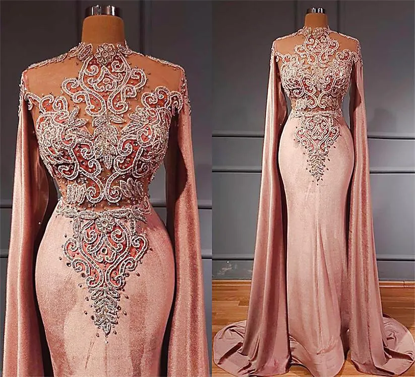 Arabic Shiny Satin Mermaid Evening Dresses Crystal Beaded High Neck Long Sleeves Prom Dress Formal Second Reception Party Gowns Robe de mariée