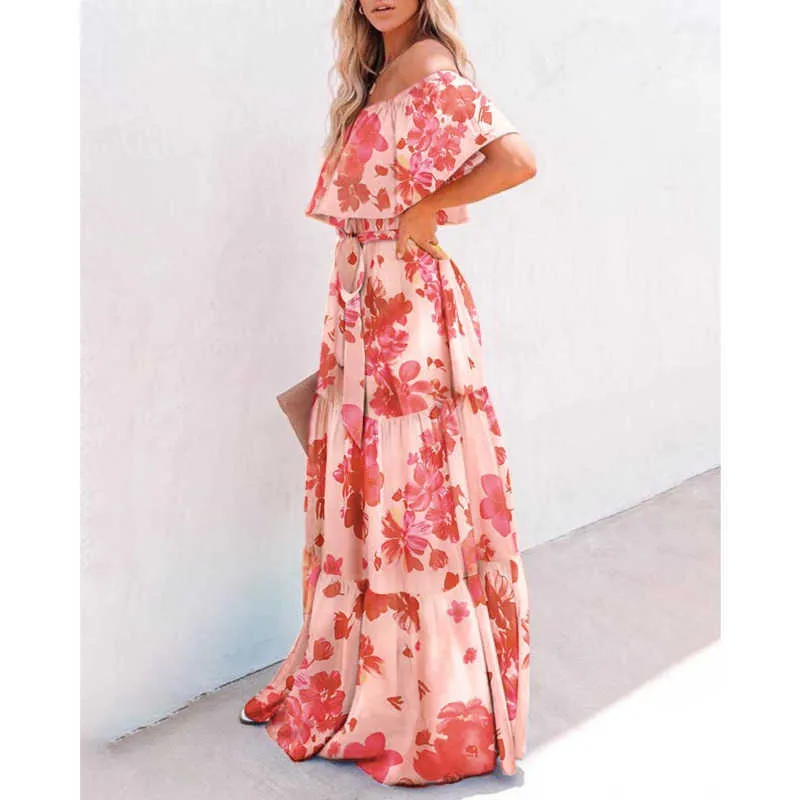 Dames Sundress Designer Kostuum Sexy Tuniek Party Jurk 2021 Zomer Ruffle Sleeve Strand Off-The-Shoulder Printed Long Dress Y1006