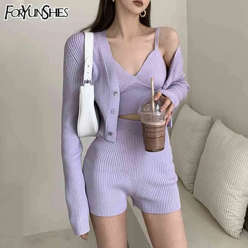 3 Piece Set Women Knitted Outfits Long Sleeve Cardigan+V Neck Corset Top +High Waist Shorts Sexy Purple Casual Home Clothes 210707