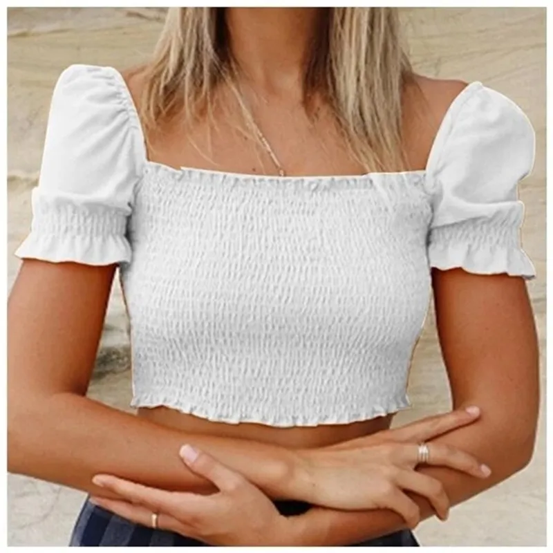 One-line neck strapless slim-fit pleated solid color short blouse women summer fashion women's clothing 210520