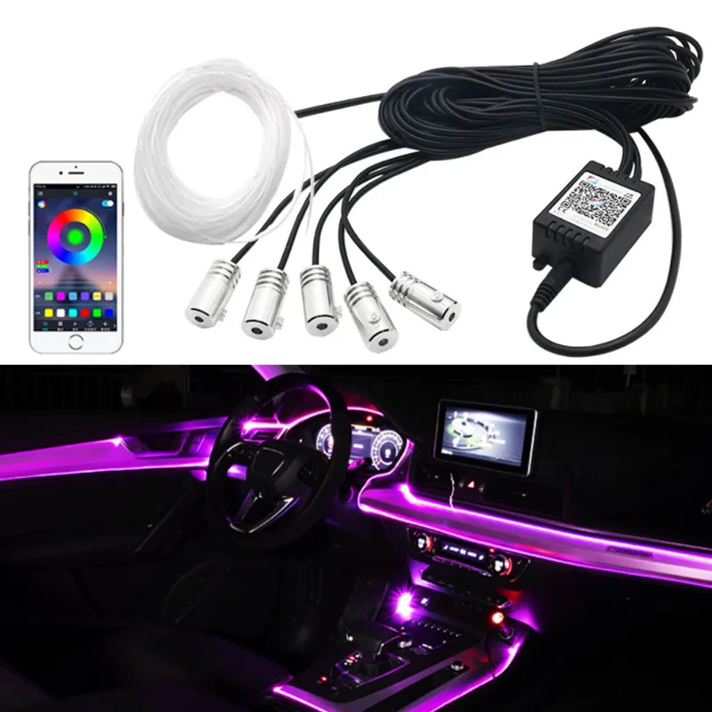 6 In 1 RGB LED -atmosfeer Autolicht interieur omgevingslicht glasvezel Optische strips Licht door app Controle Diy Music 8m glasvezelband band