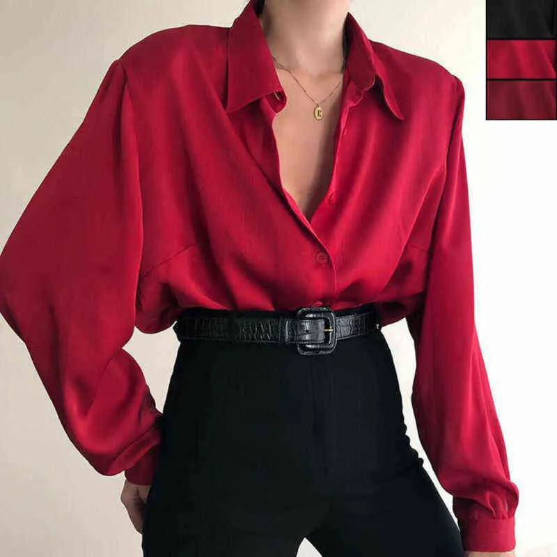 Femmes bouton Blouses col rabattu chemises bureau dame à manches longues Blouse décontractée ample OL chemise Baggy hauts rouge/vin rouge/noir H1230