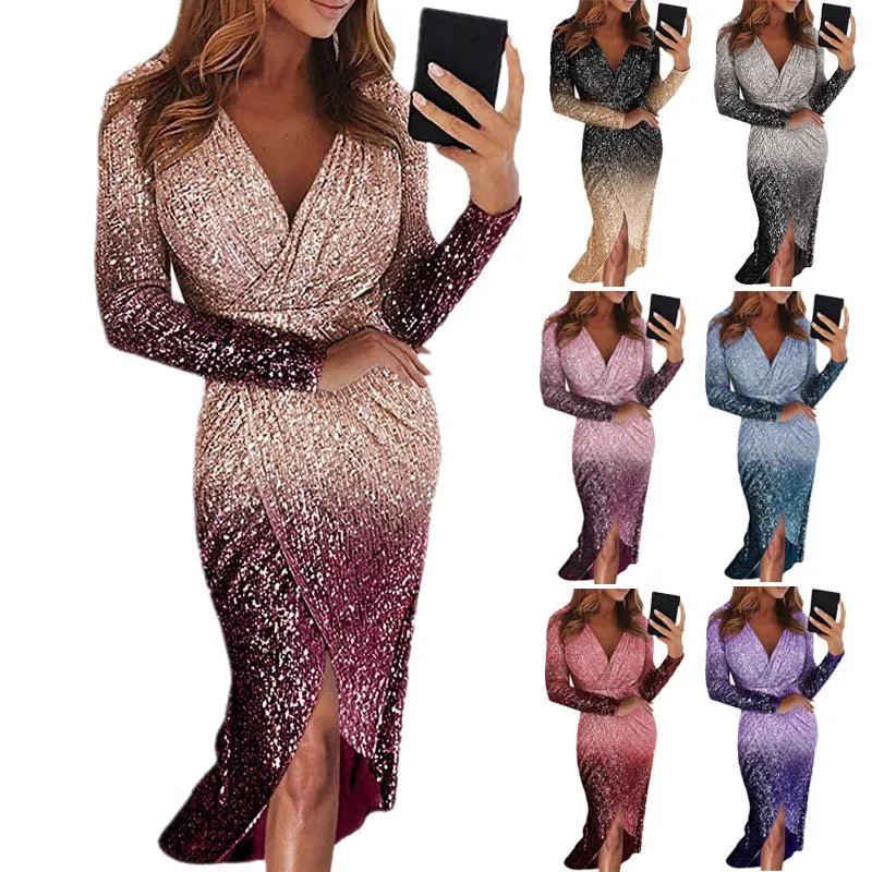 Temperamento feminino vestido longo mangas noturnas profundas em V-pescoço 2021 outono inverno gradiente lantejoulas jantagem pulôver plus size vestidos casuais