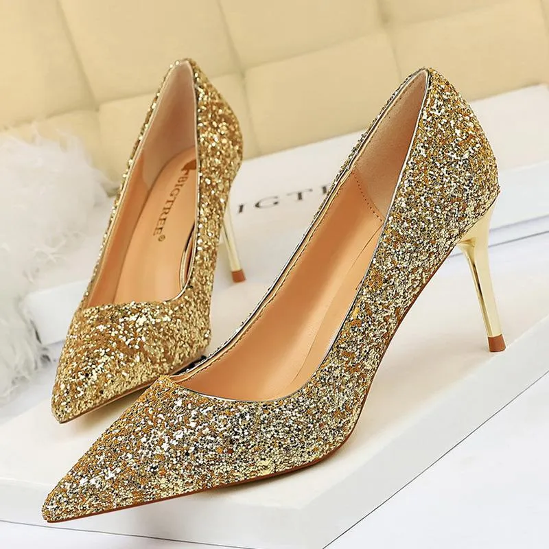 Kledingschoenen vrouwen 7,5 cm dunne hoge hakpompen bruids 2021 bling sprankelende hakken dame feest mode glitter bruiloft plus maat