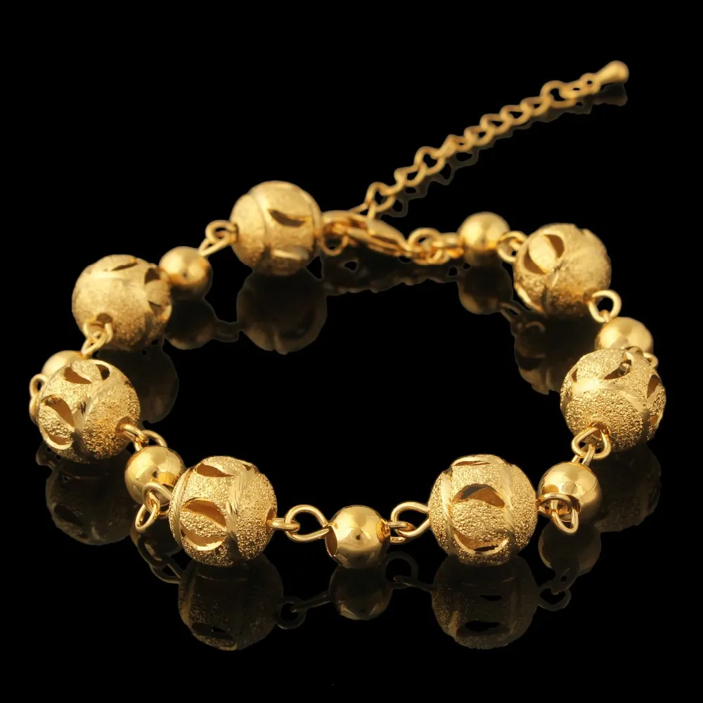 Women's Jewellery bracelet 9 k Yellow Solid Fine G/F gold ROUND Big Bead Beaded ADJUSTABLE Extension chain