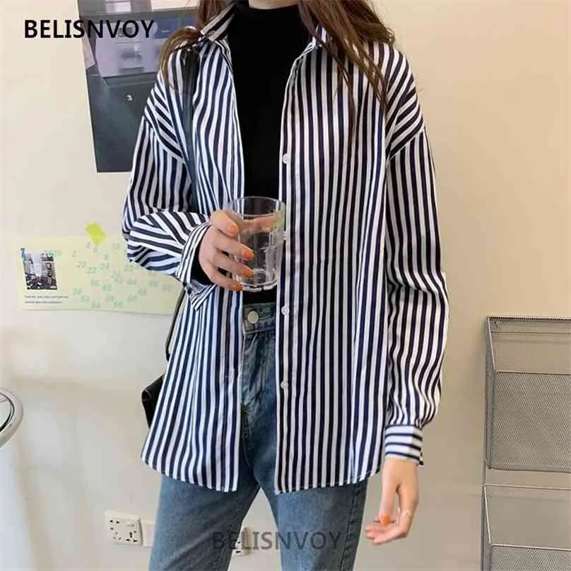 Spring Autumn Female Oversized Striped Blue Blouse Shirts Ladies Maxi Loose Blusas Vintage Woman Streetwear Tops Tunic Mujer 210520